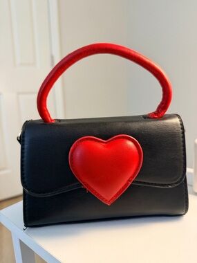 Black Mini Top-Handle Bag with Red Heart Accent